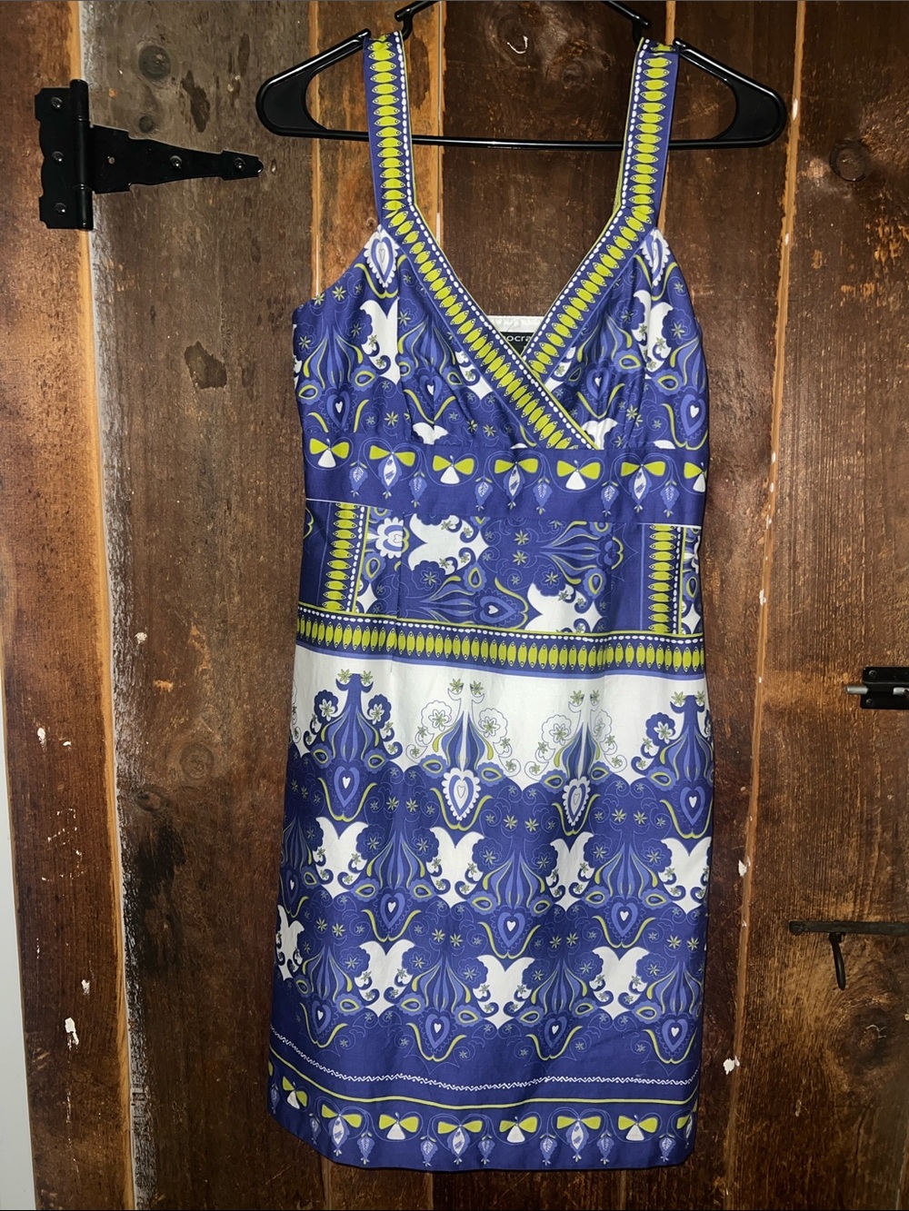 Democracy Blue and White Patterned Dress with Lime Trim